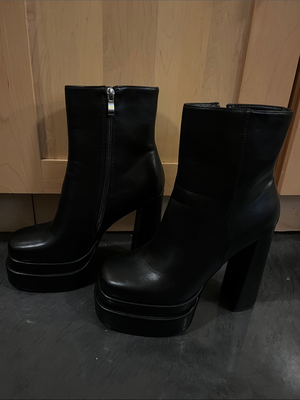 Platform Block Heel Ankle Boots - Black